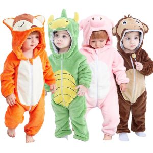 Één-stuks schattige cartoon babyjongens rompers winter flanel pyjama's tijger leeuw dinosaurus aap varken fox onesie kids kigurumi pyjama voor meisjes