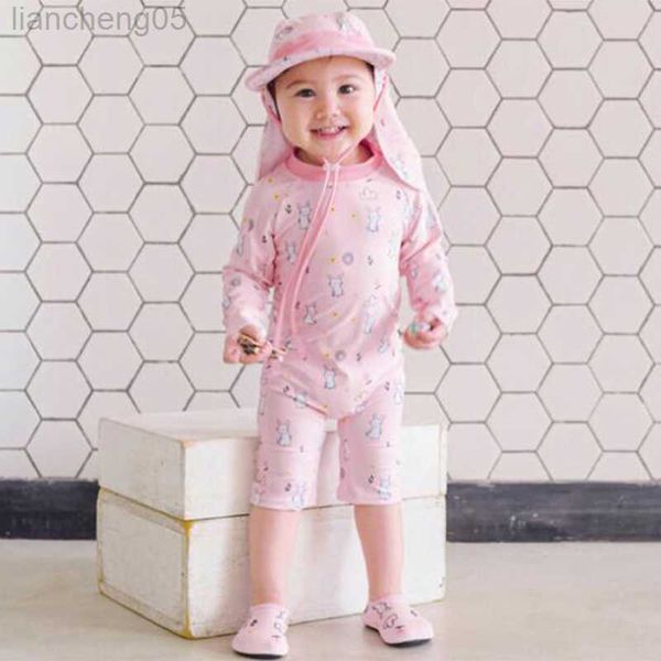 Traje de baño de una pieza con bonito conejo para niños y niñas, traje de baño de manga larga con animales para niños de 1 a 6 años, traje de baño rosa para niñas, nuevo estilo, ropa de baño para bebés W0310