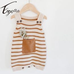 Één-stuks engepapa lente herfst peuter peuter babymeisje breien romper pocket streep breien mouwloze kleding pasgeboren babymeisjes jumpsuit