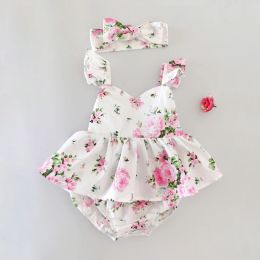 One-pièces Flofallzique 2020 Coton rétro Floral Small Lotus Leaf Sleeves V Neck With Bandband Sweet New-Born Baby Girl Romper