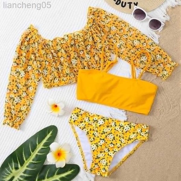 One-Pieces Flower Print Filles Maillots De Bain Bikinis Pour Enfants Dropshipping Enfants 3 Pièces Maillot De Bain Cover Up Set Ados Maillot De Bain Biquini W0310