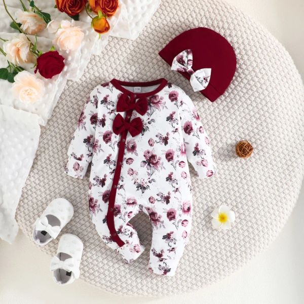 One-Pieces Gift Hat Set Baby Girl Newborn Grenass Romper 118 mois Floral Migne Bow Toddler Vêtements Long Minet Tiny Button