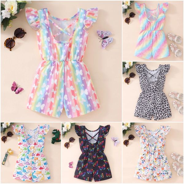 One-Pieces Girl Chumpers Leopard Butterfly Rainbow Floral Print Girl's Rompers Toddler Kids Girls Girls Jumpsuit Kid
