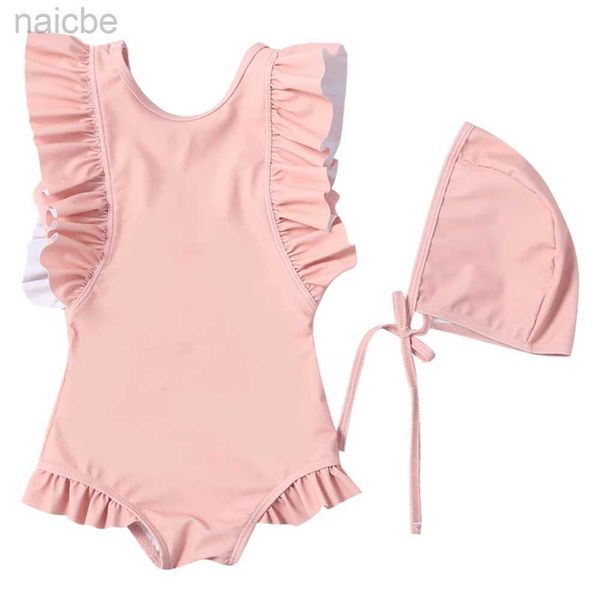 Happyflute 0-8Y enfants volants style une pièce couleur unie maillot de bain bébé filles mode princesse robe de natation avec chapeau 24327