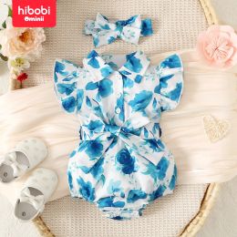 One-Pieces Hibobi 2 pièces d'été bébé fille bodySuit mignon à manches à volants imprimés à saut carré