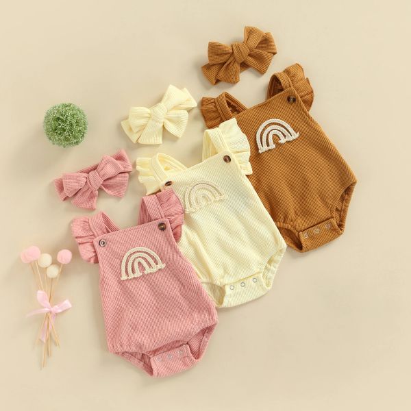 One-pièces pour bébés filles combinaisons décontractées, motif arc-en-ciel body triangle sans manches avec bandeau avec bandeau