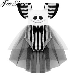 Één-stuks baby babymeisjes spook kostuum flutter mouwen schedel gezicht geprinte mesh romper jurk voor Halloween Party cosplay feestkleding