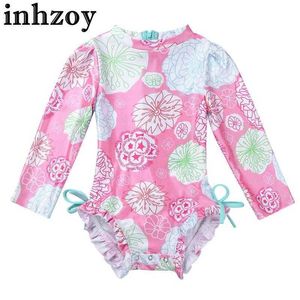 Moids de maillot de bain en une seule pièce pour bébé Baby Girls Floral Imprimé à manches longues Floral Imprimé Zippe Ruffled Bathing Full Guard Guard Swimming Costumel2405