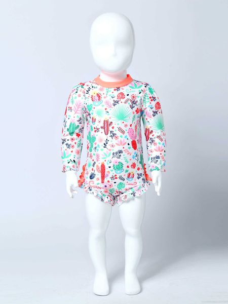 Maillot de bain une pièce pour bébés filles, une pièce, manches longues, imprimé floral, avec volants, pour enfants, maillot de bain de plage, Rash Guard