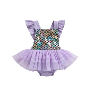 Één-stuks baby babymeisjes romper jurk fly mouw zeemeermin schaal print tule splicing tutu bodysuit zomer sunsuits kleding