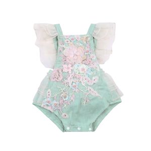 Één-stuks baby pasgeboren babymeisjes casual romper, licht blauw mouwloos vierkante kraag bloemen borduurwerkpatroon Onepiece