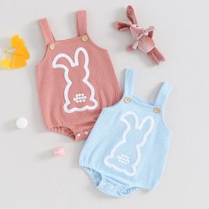 One-pièces Boîte-enfants pour enfants et filles Pâques Romper sans manches bouton de la broderie lapin