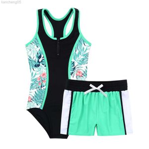 Één-stuks kinderen kinderen meisjes zwempak badkleding outfits bloemen bedrukte bodysuit zwempak badkleding badkleding set met bodems shorts w0310