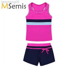 One-Pieces Kids Girls Tankini zwempak Gymnastics Turnard Swimwear Tankini Tops met zwembroeken Bodem Kinderzwembadpak W0310