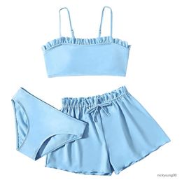 One-Pieces Kids Soild Swimsuits Toddler Girls 3-delige Bikini Rullfe Bathing Suit Brils Girls Bikini badmode voor tieners