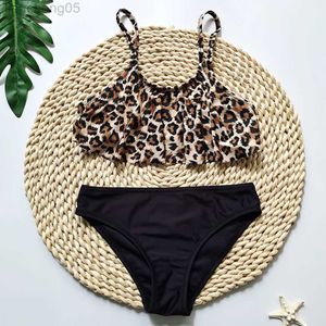 Één-stuks Leopard Girl Swimsuit Kids 5-14 jaar Teenage Girl Bikini Flounce Two Piece Children's Swimwear Girl Bathing Suit Beachwear 2022 W0310