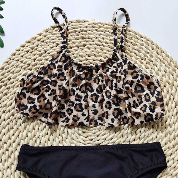 Traje de baño de una pieza para niña de leopardo, Bikini para niña adolescente de 5 a 14 años, traje de baño de dos piezas con volantes, traje de baño para niña, ropa de playa