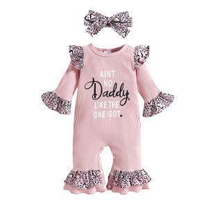 Één-stuks lioraitiin 018m pasgeboren baby 2 stks babymeisjes outfit brief luipaard print oneck flare mouwen jumpsuit hoofdband