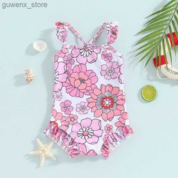 Één-stuks kleine meid peuter bloemen camisole zwempak met bloemenprint band strandkleding mouwloze gegolfde zomer strand zwempak y240412