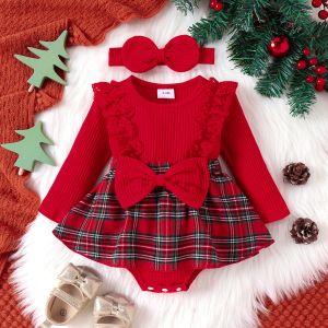 One-pièces Mababy 012m Christmas Nouveau-né bébé filles rober rouge plaid tricot long à manches longues