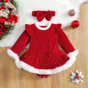 One-Pieces Mababy 024m Christmas Baby Baber Roup Ramper Newborn Toddler Bild Girl Velvet Ruffle Jumpsuit de Nouvel An Costumes D01