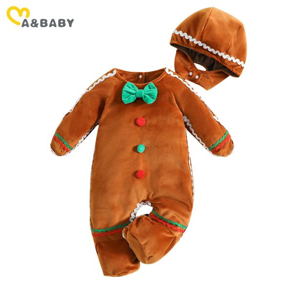 One-pièces Mababy 024m Christmas Baby Baber Newborn Boy Girl Girl Gingerbread Man Costumes + chapeau à manches longues