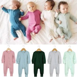 One-pièces Nouveau bébé Baber Bamboo Fibre Baby Boy Girl Girl Clothes Newborn Fisumettes Jumps Solide Longsleeve Baby Vêtements 024M PAJAMAS