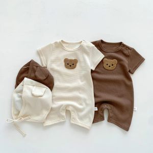 One-pièces neuves en été enfants d'été bébé filles garçons à manches courtes Waffle Patch Bear Infant Newborn Jumps Contanes Cotton Romper Gift Gift With Ear