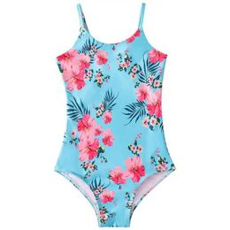 Nieuwe LDrens Swimsuit uit één stuk één stuk Bikini Little Girl Beach Swimsuit Blue H240508