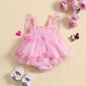 Eén-stuks pasgeboren peuterbabymeisje romper mouwloze geplooide bloemen vlinder tule patchwork jumpsuits tutu jurk zomerkleding 018m