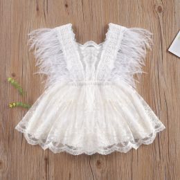One-Pieces Newbron Baby Girl Lace Romper Mesh Dress Feather Fly Sleeve Floral Borduurwerk gelaagde Midi Playsuits Infant Party Outfits