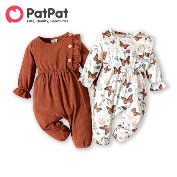 One-pièces patpat bébé fille longsleeve Jumpsuit Baby Baber Spring and Summer Baby Girls Newbord Vêtements Brown / White Butterfly Ruffle