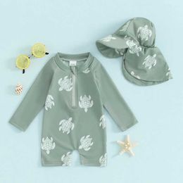 Één-stuks kleuterschool Boy Rush Protective Swimsuit Jumpsuit Lange mouwen Turtle Dinosaur Print Baby Swimsuit H240508
