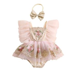 Pudcoco Pudcoco Pudcoco Pasgeboren baby Baby Girl-outfit, borduurbloemvlieghoes romper met bowknot haarband zomerkleding 024m