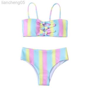 Één-stuks regenboogprint meisjes kinderen zwempak badmode nieuwe zomer kind verbat bikini's 2022 kinderen babybandage biquini infantil strandkleding w0310