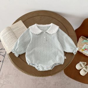 One-Pieces Ready Stock Newborn Jumpsuit Baby Girls Peter Pan Collar cordon de longueur Longue Elegant Check Raiper 02YRS