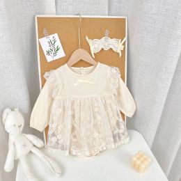 Sanlutoz Sanlutoz Spring Autumn Princess Infants Girls Bodysuits Cotton Lace Baby Girls Kleding Oingenies Lange mouw met hoofdband