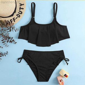 EEN-PIEKTEN SOLIT BLACK BLACK FUNOM GIRL SWIMSuit Kinderen Tweede stuk Children's Swimwear Tie Side Bikini Set 7-14 jaar Girls Baden Pak Beachwear W0310