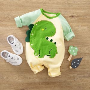 One-pièces Spring and Automne Boys and Girls mignon Cartoon Dinosaur 3D broderie coton Coton confortable Bodys de bébé à manches longues confortables