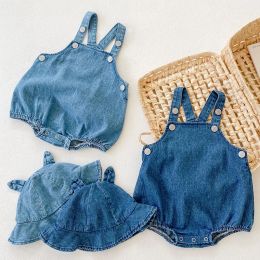 Één-stuks lente zomer nieuwe kinderen kleding babymeisjes en baby boy girl denim Suspener romper + hoed 02 jaar oud katoen jumpsuit