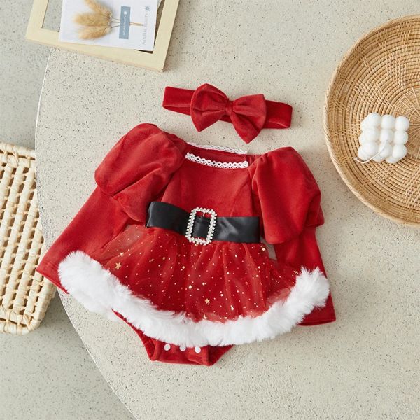 One-Pieces Suefunskry Baby Girls Christmas Rober Rober Sequins Stars Moon Patchwork Jupe en peluche Body à manches longues avec bandeau