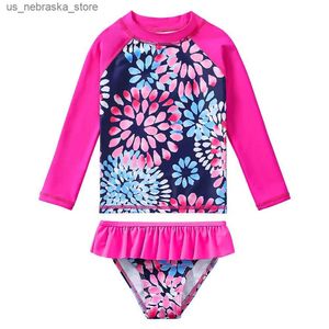 Een-stuks zomer baby zwempak splitstijl zwempak set bloemenprint lange mouwen top 2 stks set childrens kleding meisjes zwempak Q240418