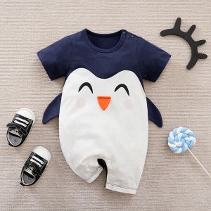 One-pièces Summer Boys and Girls Mignon Cartoon Penguin Coton confortable Contrutal Colaire Coucle Round Baby Bodys