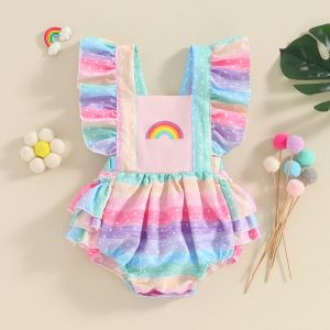 One-Pieces Summer Baby Girls Girls Romper Fly Sleeve Rainbow Print Body Bodys Coton Bodys Coton 018 mois Ruffles sans combinaison