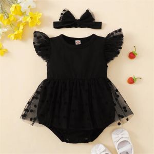 One-Pieces Summer Infant nouveau-né bébé fille vêtements à manches volants roberie 2pcs Pot Mesh Jirts Hem BodySuit avec ensemble de bande