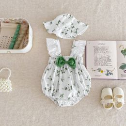 Één-stuks zomer pasgeboren bodysuit baby jumpsuit meisjes kanten korte mouwen bloemen prints schattige boog romper met hoed 02yrs