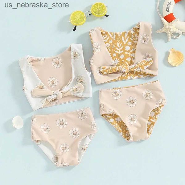 One-Pieces Summer Toddler Baby Girl Bikini Set avec des manches à imprimé floral Backless Bow Top + Shorts Swimsuit Q240418