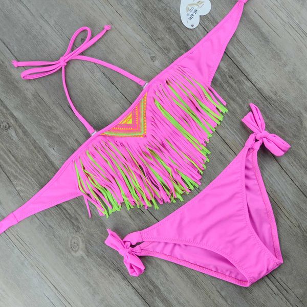 Bikini con borlas de una pieza para niñas con almohadillas Traje de baño bandeau para niños Traje de baño de dos piezas para niños Trajes de baño de 8 a 16 años Rosa adolescente