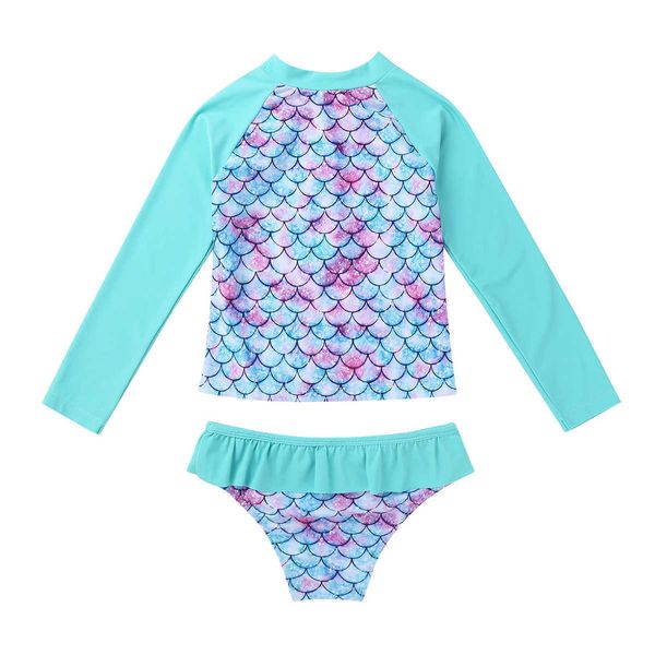 One-pièces Tiaobug 3 à 8 ans Summer Kids Girls Maillots de bain manches longues écailles de poisson imprimé Rashguard Tops avec bas maillot de bain bikini