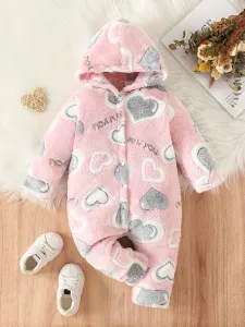 One-Pieces Toddler Active Baby Girl Love Pattern Buttond Fuzzy Hooded Baby Vêtement
